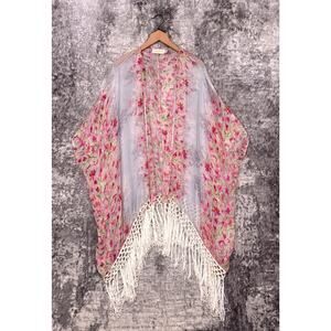 Johnny Was Kimono Top One Size Womens 4 Love & Liberty Floral Fringe Silk Topper